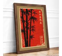 Bamboo with Gold Characters Japandi Framed Wall Art Print A3 Walnut