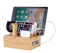 Bamboo Wood Desktop Organizer Charging Docking Station Charger Holder Cradle Charge Stand compatible with iPhone 16 15 14 Pro Max iPad Apple Watch Ulrta 10 9 8 7 6 5 iWatch AirPods Pro 3 4 Smartphone