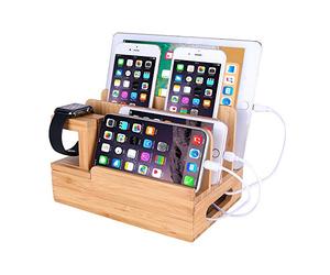 Bamboo Wood Desktop Organizer Charging Docking Station Charger Holder Cradle Charge Stand Compatible iPhone 16 15 14 13 Pro Max iPad Mini Air Pro Apple Watch Ulrta 10 9 8 7 6 5 4 3 2 iWatch Smartphone