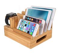 Bamboo Wood Multi-Device Desktop Charging Dock Station Charger Holder Cradle Charge Stand Compatible iPhone 16 15 14 Pro Max Apple Watch Ulrta 10 9 8 7 6 5 4 iWatch iPad Mini Air Pro Smartphone Tablet