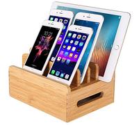 Bamboo Wood Multi-Device Desktop Charging Dock Station Charger Holder Cradle Stand Compatible for iPhone 16 15 14 13 12 11 Pro MAX XS XR X 8 Plus iPad 4 Mini Pro Air Tablets Samsung Smartphones