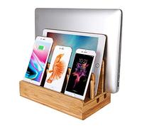 Bamboo Wood Multi Device Desktop Charging Dock Station Electronic Charger Stand Charge Cradle Holder & Cable Organizer for iPhone 16 15 14 13 Pro Max iPad Samsung Smartphone Mobile Phone Tablet Laptop