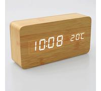 (Bamboo Wood+White font) Wooden Digital Clock - Multi-function LED Alarm Clock with Time/Date/Temperature Display and Voice Control