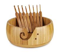 Bamboo Yarn Holder, Craft Knitting & Crochet Bowl with 8pcs Metal Hooks, Large 7.9 inch Dispenser & Storage
