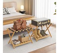 BAMBOOHOMIE 2 Pack Bamboo Luggage Rack for Guest Room, 26.77" Folding Wide Suitcase Stand with Storage Shelf, Thickened Luggage Stand Holder for Bedroom Hotel, Luggage Rack for Suitcases (Natural)