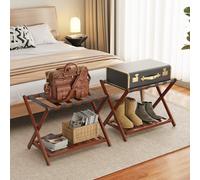 BAMBOOHOMIE 2 Pack Bamboo Luggage Rack for Guest Room, 26.77" Folding Wide Suitcase Stand with Storage Shelf, Thickened Luggage Stand Holder for Bedroom Hotel, Luggage Rack for Suitcases (Brown)