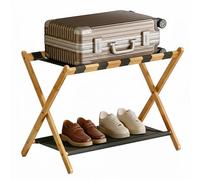 BAMBOOHOMIE Bamboo Luggage Rack for Guest Room, 26.77" Folding Wide Suitcase Stand with Fabric Storage Shelf, Luggage Stand Holder for Bedroom Hotel, Luggage Rack for Suitcases (1 Pack - Natural)