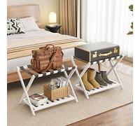 BAMBOOHOMIE Bamboo Luggage Rack for Guest Room, 26.77" Folding Wide Suitcase Stand with Storage Shelf, Thickened Luggage Stand Holder for Bedroom Hotel, Luggage Rack for Suitcases (2 Pack - White)