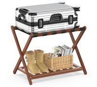 BAMBOOHOMIE Bamboo Luggage Rack for Guest Room, 26.77" Folding Wide Suitcase Stand with Storage Shelf, Thickened Luggage Stand Holder for Bedroom Hotel, Luggage Rack for Suitcases (1 Pack - Brown)