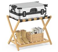 BAMBOOHOMIE Bamboo Luggage Rack for Guest Room, Wide Suitcase Stand with Storage Shelf, Folding Luggage Stand Holder for Bedroom Hotel, 26.77" Thickened Luggage Rack for Suitcases (Natural)
