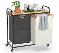 BAMBOOHOMIE Laundry Hampers 2 Section, Laundry Sorter with Removable Shelf and Pull-Out Bags, Clothes Hampers with Wheels Rolling Cart Basket for Laundry Room Bathroom, 2 x 50 L (Black White)