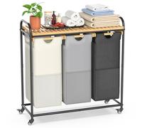 BambooHomie Laundry Hampers 3 Section, Laundry Sorter with Removable Shelf and Pull-Out Bags, Clothes Hampers with Wheels Rolling Cart Basket for Laundry Room Bathroom, 3 x 40 L (Black White Gray)