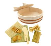 BambooMN 11.8" Hangiri Oke Sushi Rice Cooling Bowl/Tub with Lid, 19 Pieces Making Serving Accessory Kit - Medium