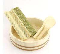 BambooMN 13.0" Hangiri Oke Sushi Rice Cooling Bowl/Tub with 5 Pieces Sushi Making Serving Accessory Kit - Large