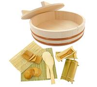 BambooMN 14.2" Hangiri Oke Sushi Rice Cooling Bowl/Tub with Lid, 19 Pieces Making Serving Accessory Kit - Extra Large
