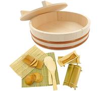 BambooMN 15.3" Hangiri Oke Sushi Rice Cooling Bowl/Tub with Lid, 19 Pieces Making Serving Accessory Kit - Jumbo
