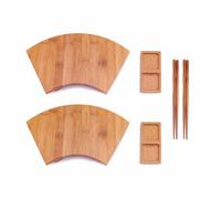 BambooMN Bamboo Sushi Plate/Tray, Chopsticks and Compartment Sauce Dish, 11.6" Fan - 2 Sets