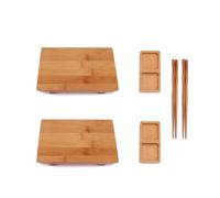 BambooMN Bamboo Sushi Plate/Tray, Chopsticks and Compartment Sauce Dish, 8.3" Rectangle - 2 Sets