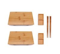 BambooMN Bamboo Sushi Plate/Tray, Chopsticks and Compartment Sauce Dish, 9.8" Rectangle - 2 Sets