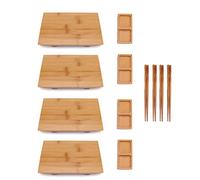 BambooMN Bamboo Sushi Plate/Tray, Chopsticks and Compartment Sauce Dish, 9.8" Rectangle - 4 Sets