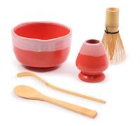 BambooMN Brand - Matcha Bowl Set (Includes Bowl, Rest,Tea Whisk, Chasaku, & Tea Spoon) 1 Set Coral