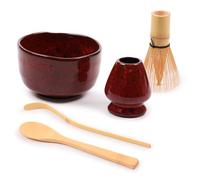BambooMN Brand - Matcha Bowl Set (Includes Bowl, Rest,Tea Whisk, Chasaku, & Tea Spoon) 1 Set Deep Red w/Black