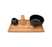 BambooMN Brand - Matcha Bowl Set (Includes Bowl, Rest,Tea Whisk, Chasaku, Tea Spoon & Tray) 1 Set Black