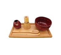 BambooMN Brand - Matcha Bowl Set (Includes Bowl, Rest,Tea Whisk, Chasaku, Tea Spoon & Tray) 1 Set Deep Red w/Black