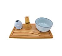BambooMN Brand - Matcha Bowl Set (Includes Bowl, Rest,Tea Whisk, Chasaku, Tea Spoon & Tray) 1 Set Shimmering Blue