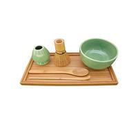 BambooMN Brand - Matcha Bowl Set (Includes Bowl, Rest,Tea Whisk, Chasaku, Tea Spoon & Tray) 1 Set Soft Light Green