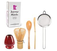 BambooMN Brand - Matcha Green Tea Whisk Set - Deep Red with Black - 5-Piece Set - Bamboo Tea Accessories