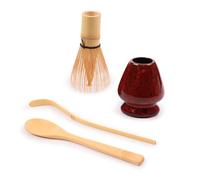 BambooMN Brand - Matcha Green Tea Whisk Set - Whisk + Scoop + Tea Spoon + Deep Red w/Black Whisk Holder