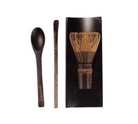 BambooMN Matcha Whisk Set - Black Chasen (Tea Whisk), Black Tray, Black Chashaku (Hooked Bamboo Scoop), Black Tea Spoon - 1 Set