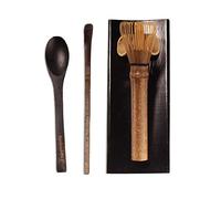 BambooMN Matcha Whisk Set - Skinny Black Chasen (Tea Whisk), Black Tray, Black Chashaku (Hooked Bamboo Scoop), Black Tea Spoon - 1 Set