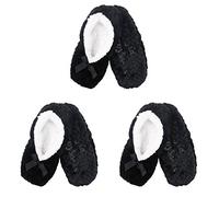 BambooMN Soft Touch Warm Cozy Fuzzy Non-Slip Lined Slip-On Slippers Socks for Adult Women, Indoor Travel House Slippers, 3 Pairs, Black, Large