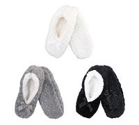 BambooMN Soft Touch Warm Cozy Fuzzy Non-Slip Lined Slip-On Slippers Socks for Adult Women, Indoor Travel House Slippers, 3 Pairs, Assortment B, Small