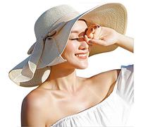 Bamboopack Womens Big Bowknot Straw Hat Floppy Foldable Roll- Up Beach Cap Sun Hat Wide Brim Straw Hat Big Brim Hat Summer Hat (Beige)
