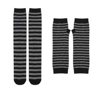 Bamboopack Womens Black & Grey Striped Knee High Socks and Fingerless Gloves Set, Knitted Stretchy Arm Warmers with Thumb Holes for Party Costume Daily Wear