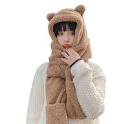 Bamboopack Womens Winter Warm Plush Hooded Hat Scarf Gloves Set Multi-Functional Warm Animal Pocket Hat Long Scarf Shawl (Khaki)