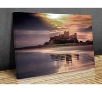 Bamburgh Beach and castle,Northumberland, Famous British Landmark, North England, mounted canvas print ready to to hang (16x12in(40cmx30cm))