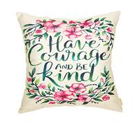 BAMCUNXIU Have Courage and Be Kind Watercolor Spring Floral Wreath Nursery Quote Cotton Linen Home Decorative Throw Pillow Case Cushion Cover with Words for Sofa Couch 18 x 18 Inch