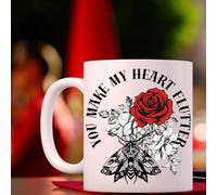 Bami Crafts Ltd Gothic Romance White Ceramic Mug, 11oz, Red Rose and Butterfly Design, You Make My Heart Flutter Quote, Coffee Cup for Fall and Cozy Nights