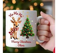 Bami Crafts Ltd Personalised Christmas Mug with Reindeer and Tree Design, White Ceramic, 11 Ounce, Microwave Safe, Customisable Name