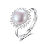 BAMIKI 925 Sterling Silver 18K Gold Plated Real Freshwater Pearl Adjustable Ring for Women, Sterling Silver, Pearl