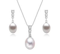 BAMIKI Pearl Necklace and Earrings Set - Freshwater Cultured Pearls Baroque Pearls 925 Sterling Silver Jewellery Set - for Women - White Pearl, 9-9.5mm, Gold, Pearl
