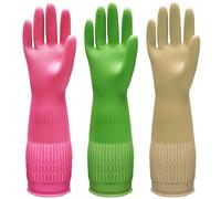 Bamllum 3 Pairs of Rubber Dishwashing Gloves for Kitchen and Household Cleaning - Long Cuff 15", Reusable, Flexible Long-lasting and Non-Slip (Red+Yellow+Green, Large)