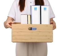 BAMOTTO CRAFTBAMBOO 14.6”x10.2”x6.5” Lidded Storage Bins - Stackable Bamboo Box/Cube/Basket with Handles for Home Kitchen Office, Organize Tableware Clothing Toys Books