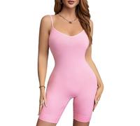 BampooPanPa Workout Seamless Ribbed Jumpsuit Women Bodycon Spaghetti Strap One Piece Shorts Romper, Pink, Medium