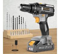 Bamse Cordless Drill 21V, Electric Drill, 1 Battery 2.0Ah Combi Set 42N.m Torque, 18+1 Torque, 2 Speeds, 20PCS Drill Set, LED Light for Garden DIY,Grey