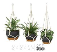 Bamworld 3-Pack Macrame Plant Hangers Indoor with Chain - Self-Watering Hanging Planters w/Drainage Holes & Removable Saucer, Black (11/9/8 in) - ideal plant hanger for hanging plant displays